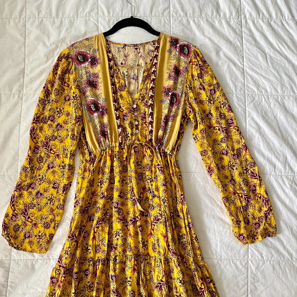 Long Sleeve Yellow Floral Maxi Dress from Shein with Purple Detail